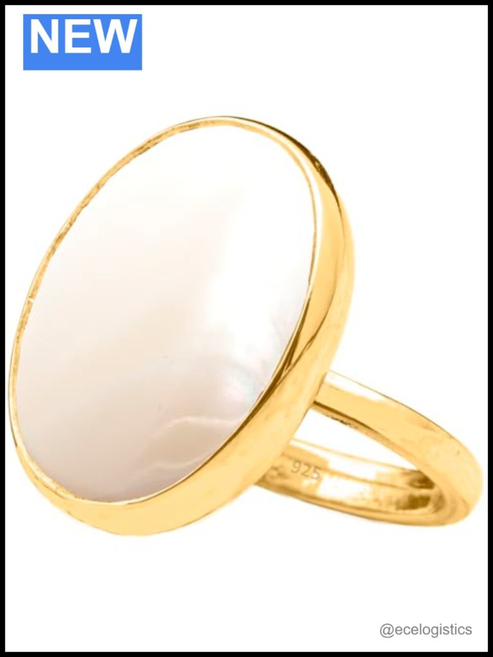 24K Gold Vermeil 925 Sterling Silver Oval Shell Solitaire Ring